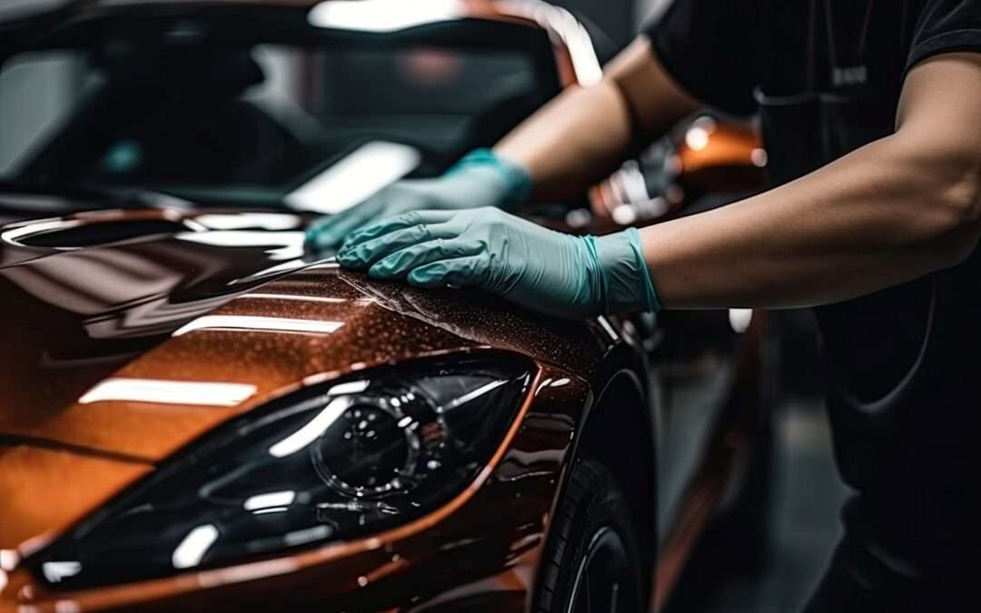 Man working on a shiny orange car in an autobody shop