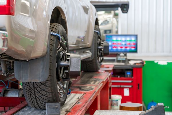 A wheel alignment in progress