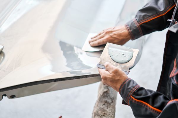 An autobody collision technician removing dents and scratches on a car.